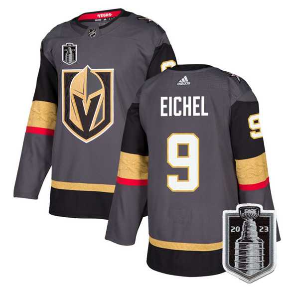 Mens Vegas Golden Knights #9 Jack Eichel Gray 2023 Stanley Cup Final Stitched Jersey Dzhi